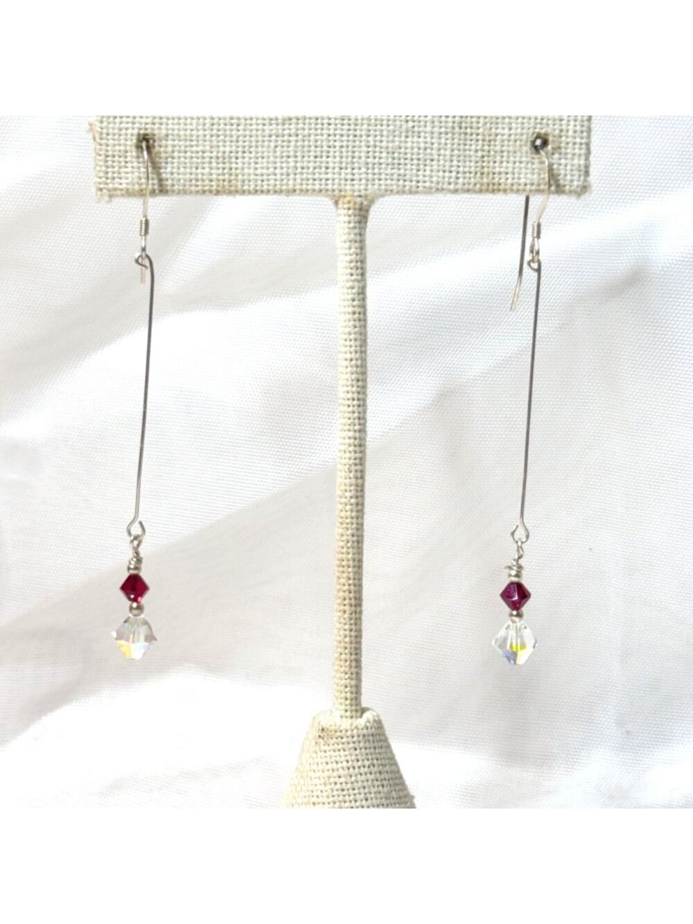 White & Red Crystal Sterling Silver 925 Long Dangle Earrings 2.75" Long